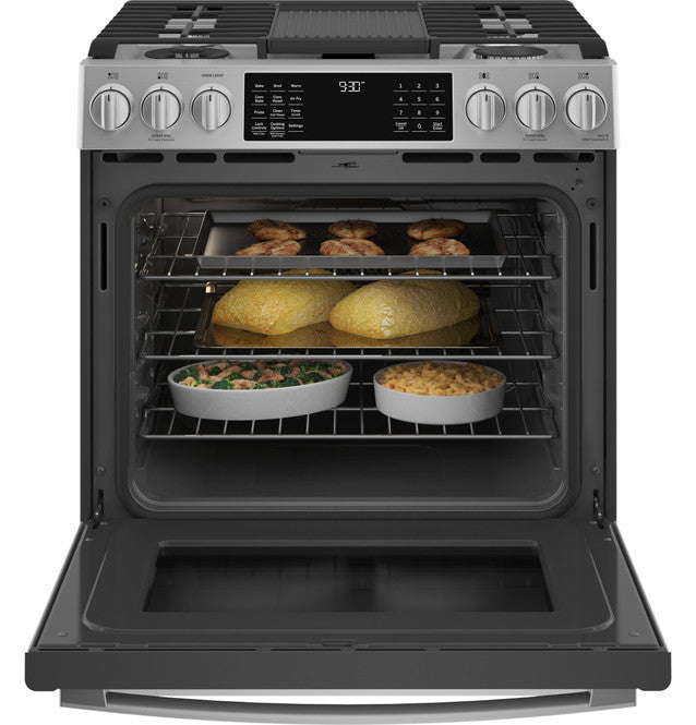 GE Profile P2S930YPFS 30" Smart Dual Fuel Slide-In Front-Control Fingerprint Resistant Range