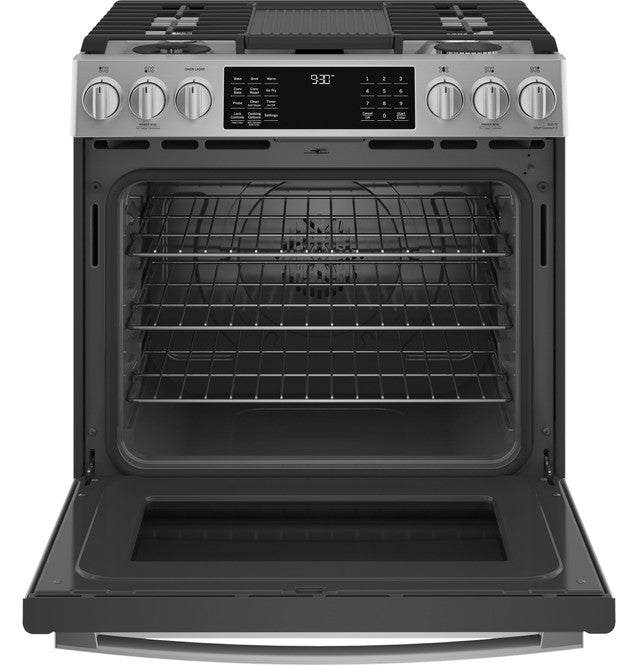 GE Profile P2S930YPFS 30" Smart Dual Fuel Slide-In Front-Control Fingerprint Resistant Range